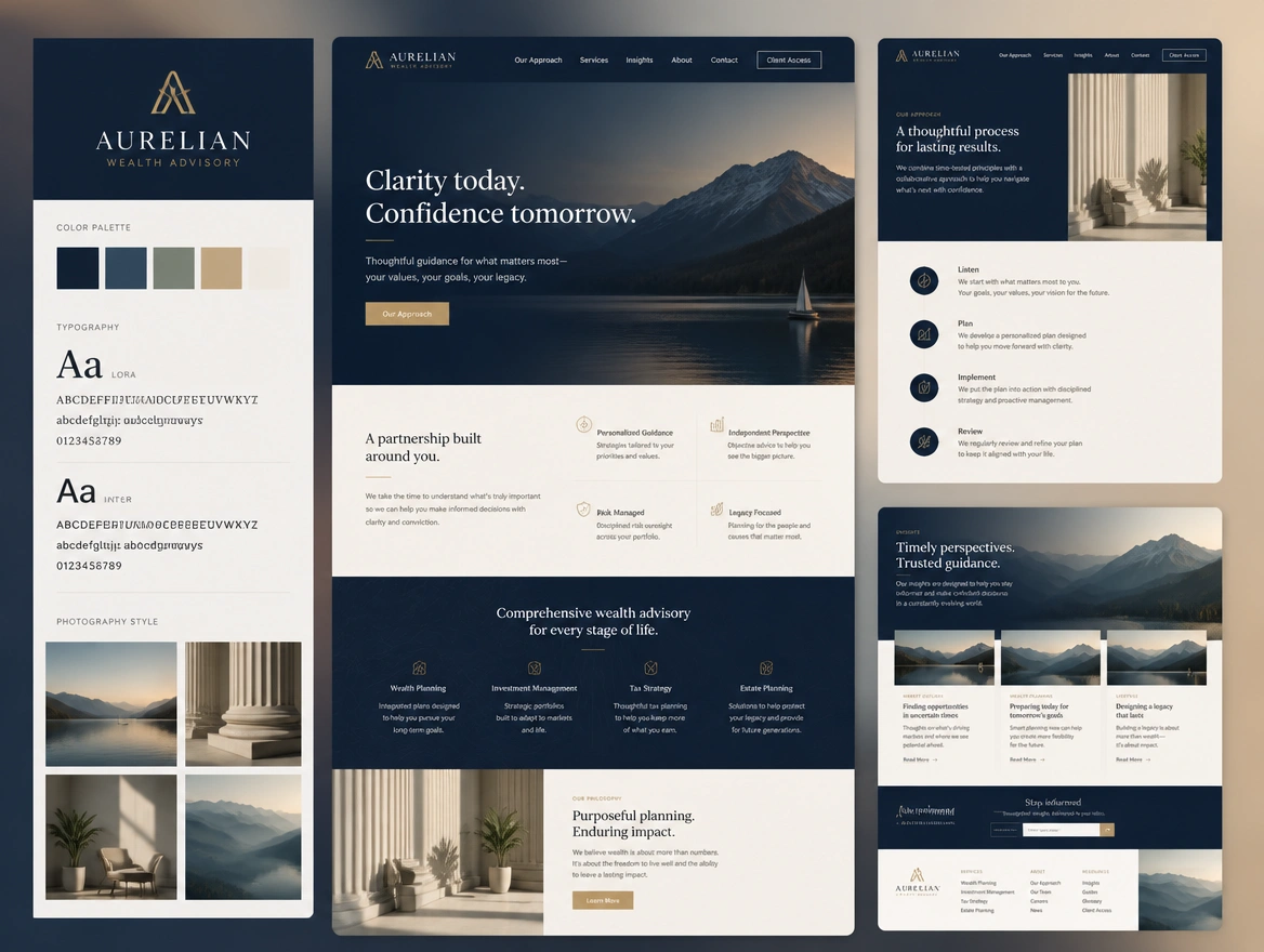 An identity board for a wealth advisory pairing the logo with swatches, two typefaces and photo style