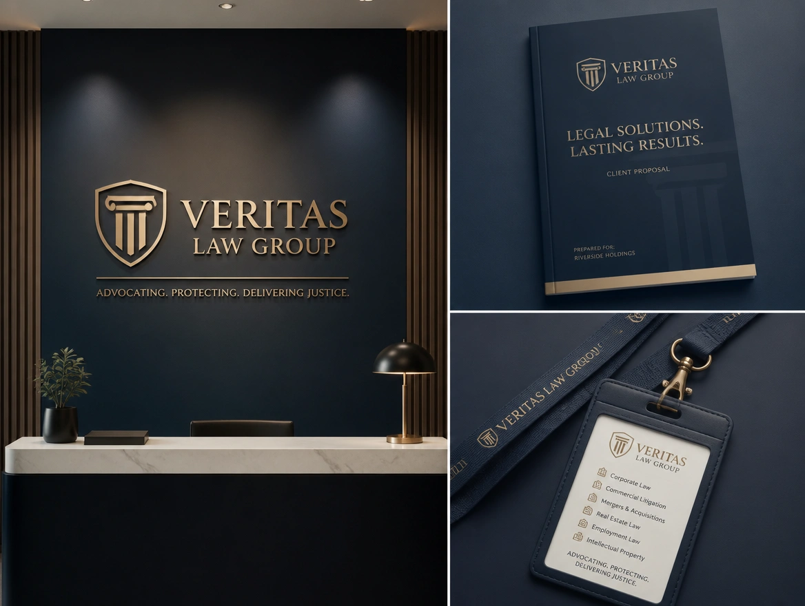 A law firm logo shown on a reception wall, a proposal cover and a lanyard badge