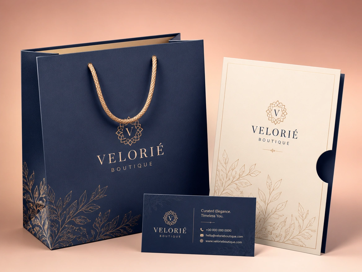 A paper carrier bag, a folder and a name card for one boutique laid out together
