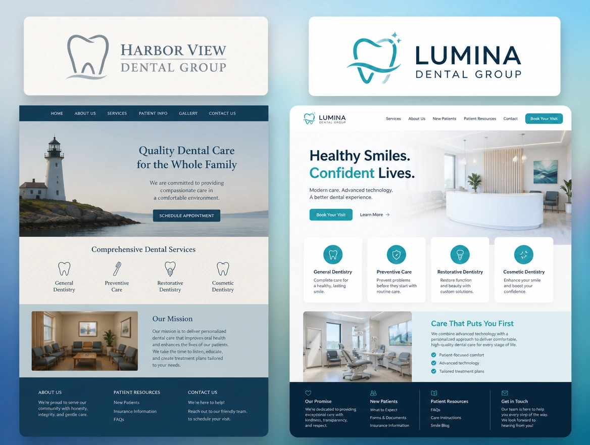 A before and after board for a dental group with the old logo on the left and the redesigned one on the right