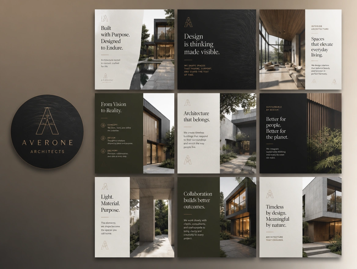 Nine social post templates in a grid beside a matching profile image for an architecture practice