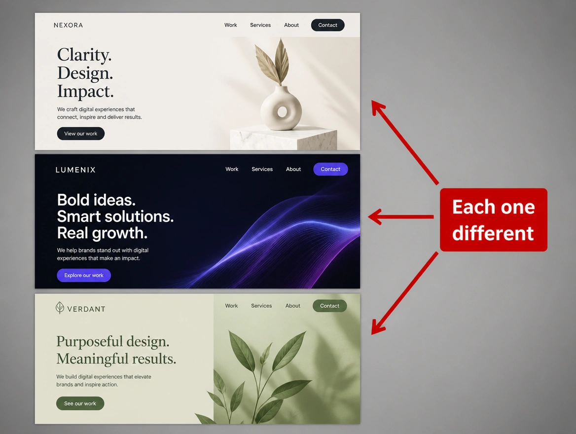 A website, a document and a profile from one business each using a different look, arrowed in red