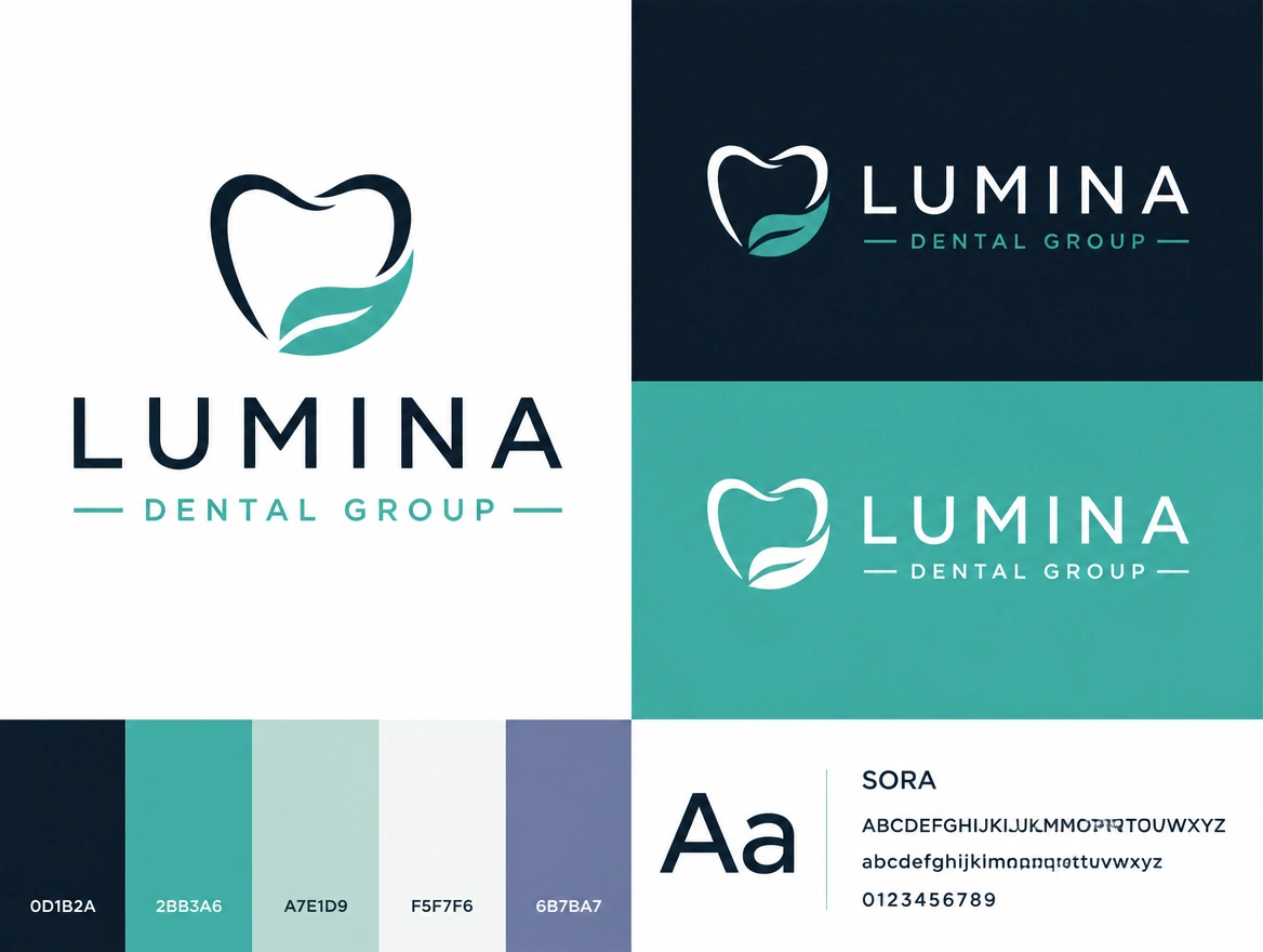 A logo presentation board for a dental group in colour, black and reversed white beside its palette