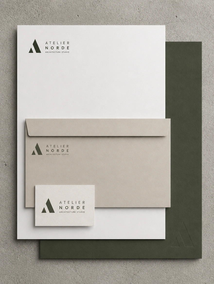 A tall stack of matching stationery for an architecture studio, letterhead, folder and name card