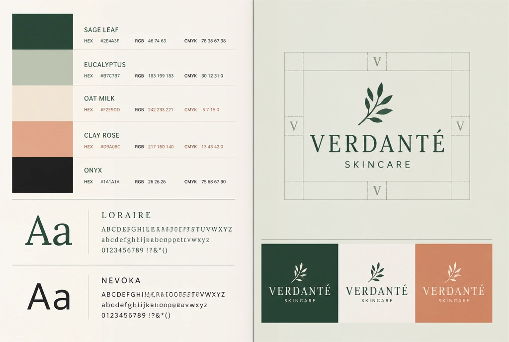 A brand guideline spread for a skincare brand showing colour codes, type and clear space
