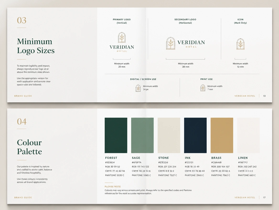 Two spreads of a brand guide showing minimum logo sizes and named colour codes