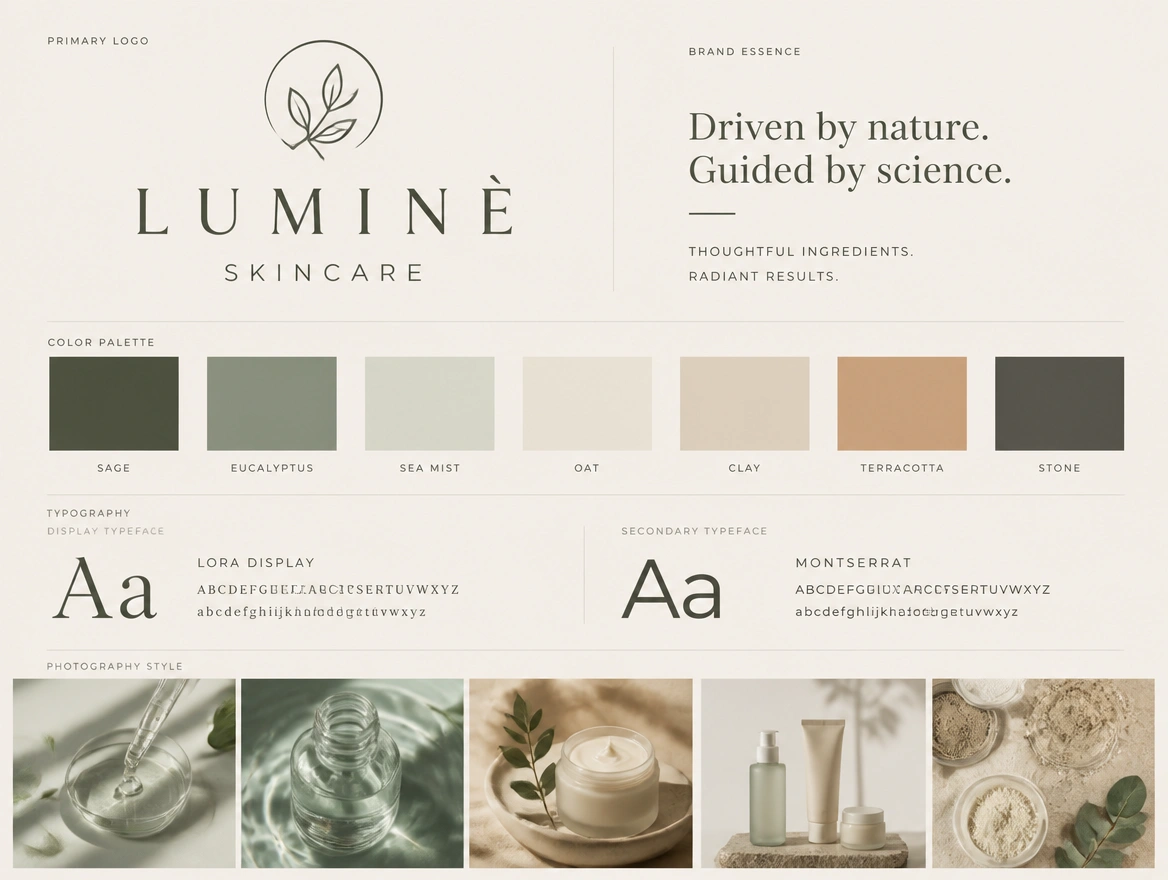 An identity board for a skincare brand pairing the logo with swatches, two typefaces and photo style