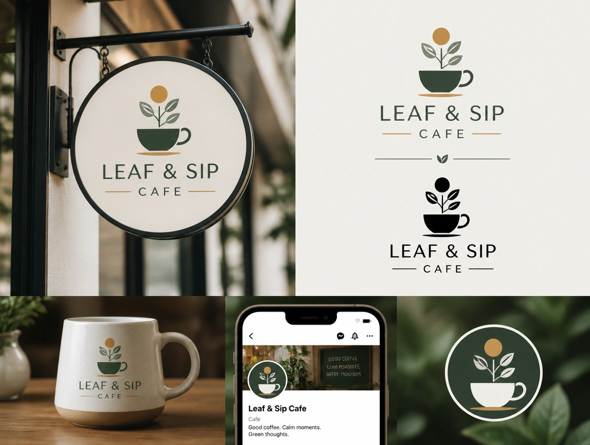 A cafe logo shown in colour, black and white on a hanging sign, a cup and a phone profile picture
