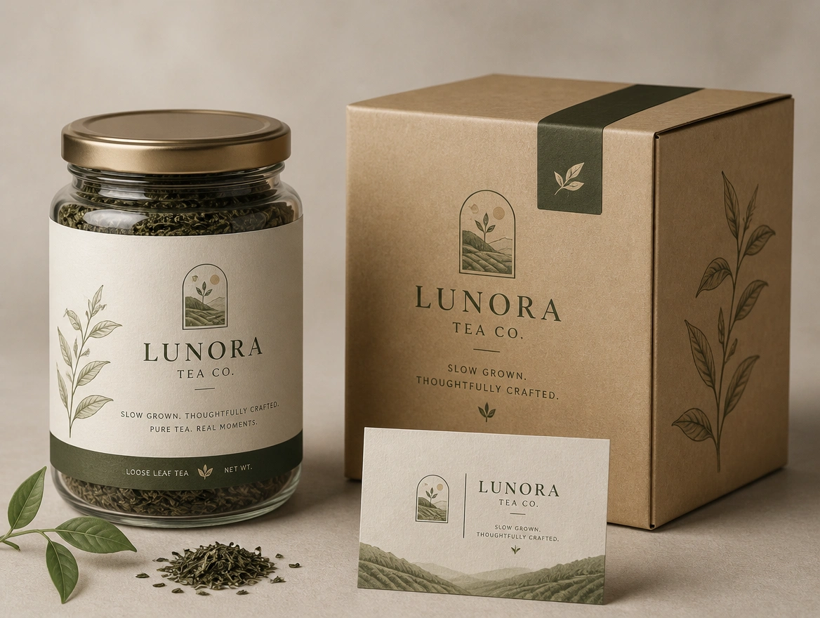 A jar label, a shipping box and a name card for one tea brand laid out together