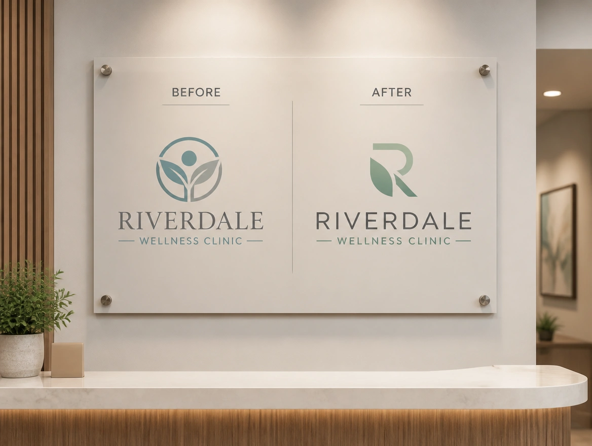 A before and after board for a clinic with the old logo on the left and the redesigned one on the right
