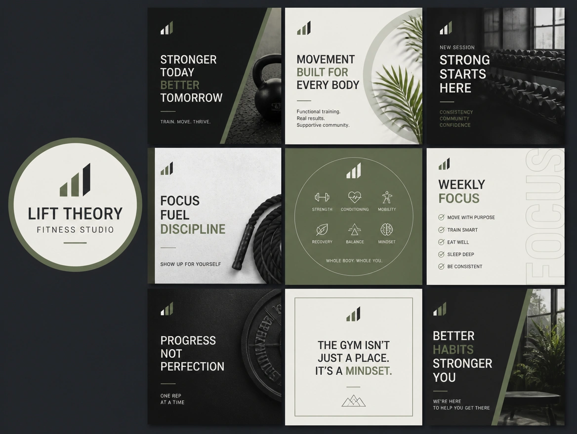 Nine social post templates in a grid beside a matching profile image for a fitness studio