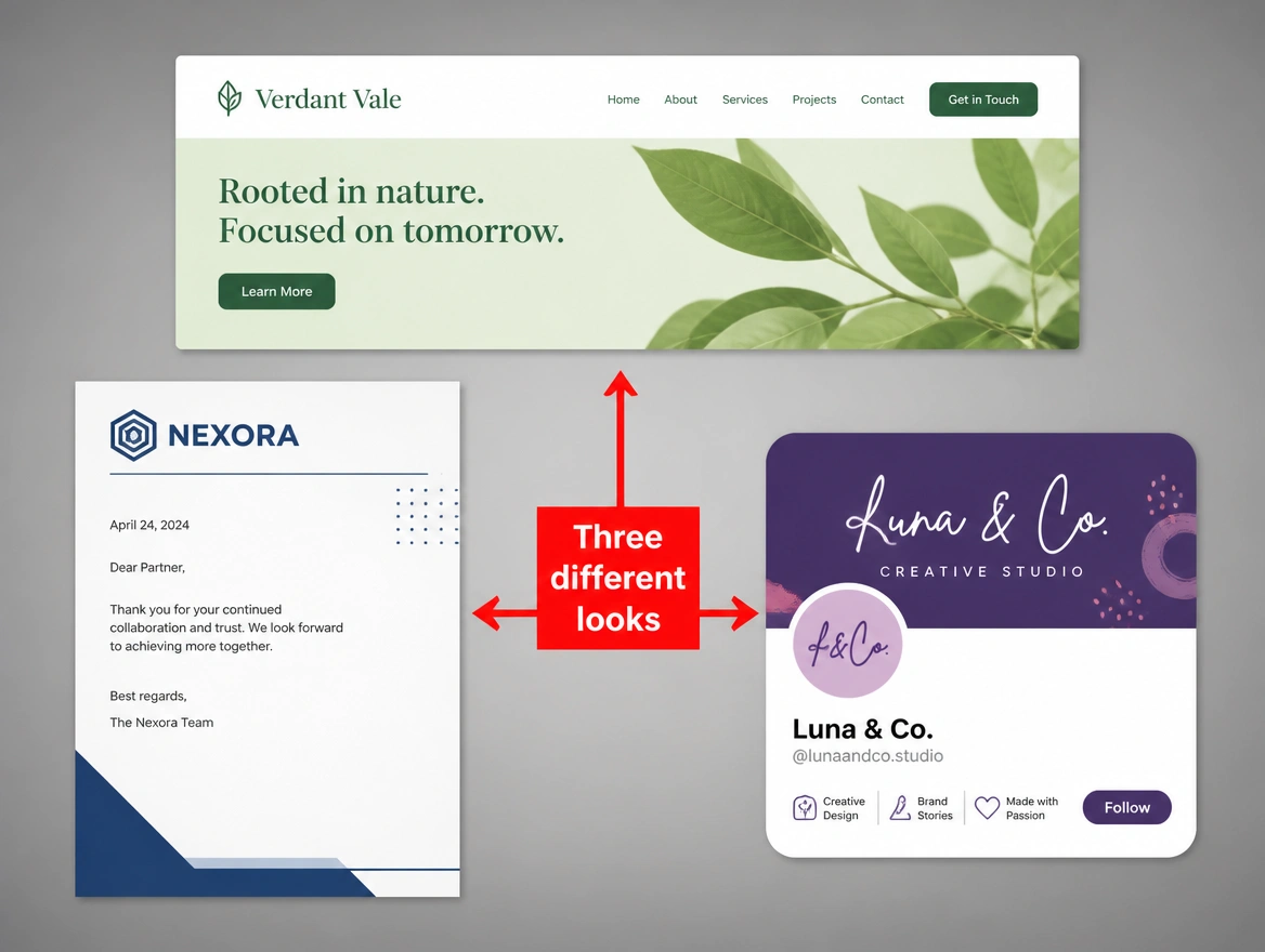 A website, a document and a profile from one business each using a different look, arrowed in red