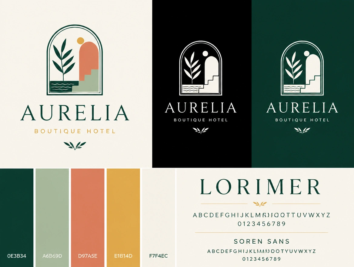 A logo presentation board for a boutique hotel in colour, black and reversed white beside its palette