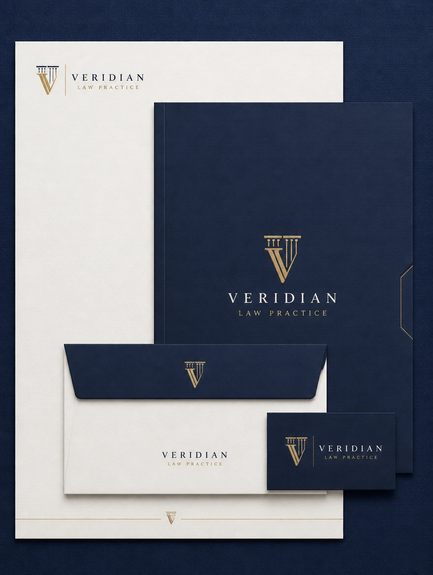 A tall stack of matching stationery for a law practice, letterhead, envelope and name card