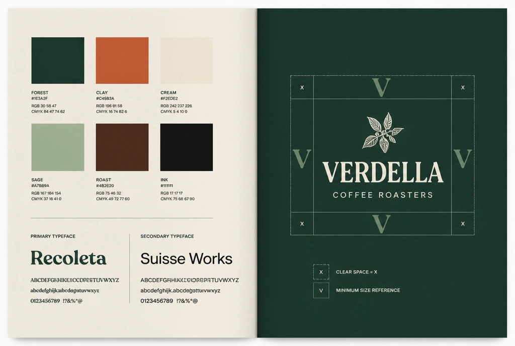 A brand guideline spread for a specialty coffee roaster showing colour codes and type