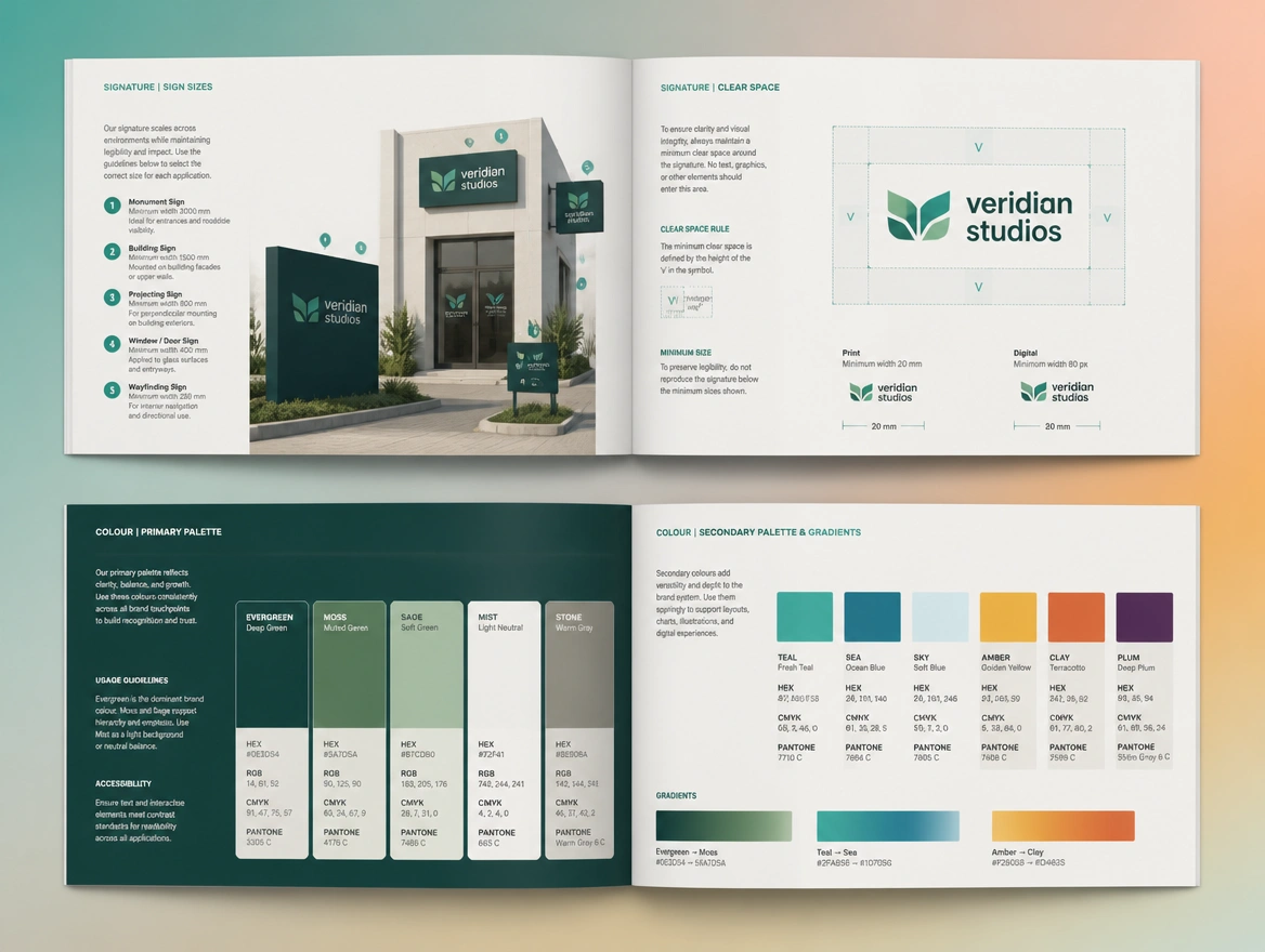 Two spreads of a brand guide showing sign sizes, clear space and named colour codes