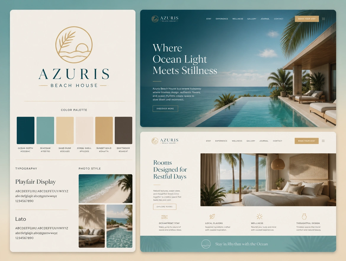 An identity board for a beachfront hotel pairing the logo with swatches, two typefaces and photo style