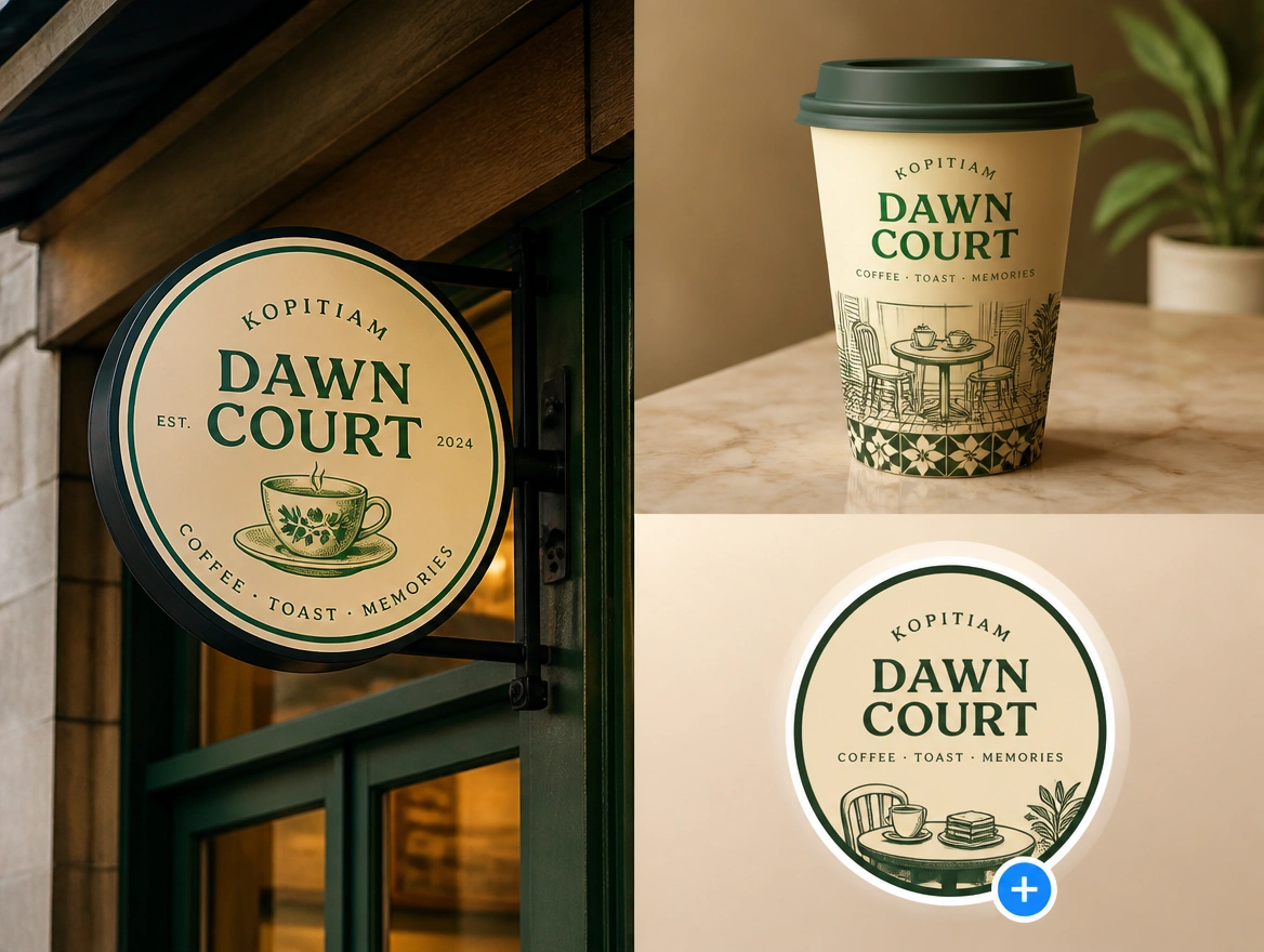 A kopitiam logo shown on a hanging shop sign, a takeaway cup and a round phone profile picture