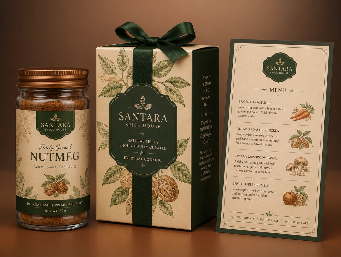 A nutmeg jar label, a gift box and a menu card for one Penang food brand laid out together