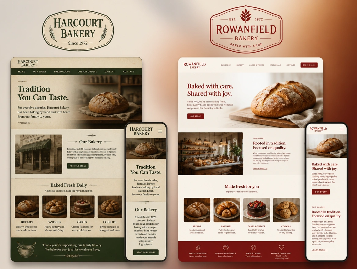 A before and after board for a decades-old bakery with the old logo beside the redrawn one