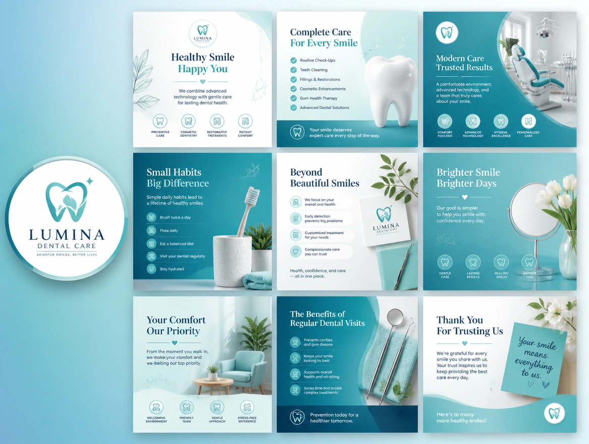 Nine social post templates in a grid beside a matching profile image for a dental clinic