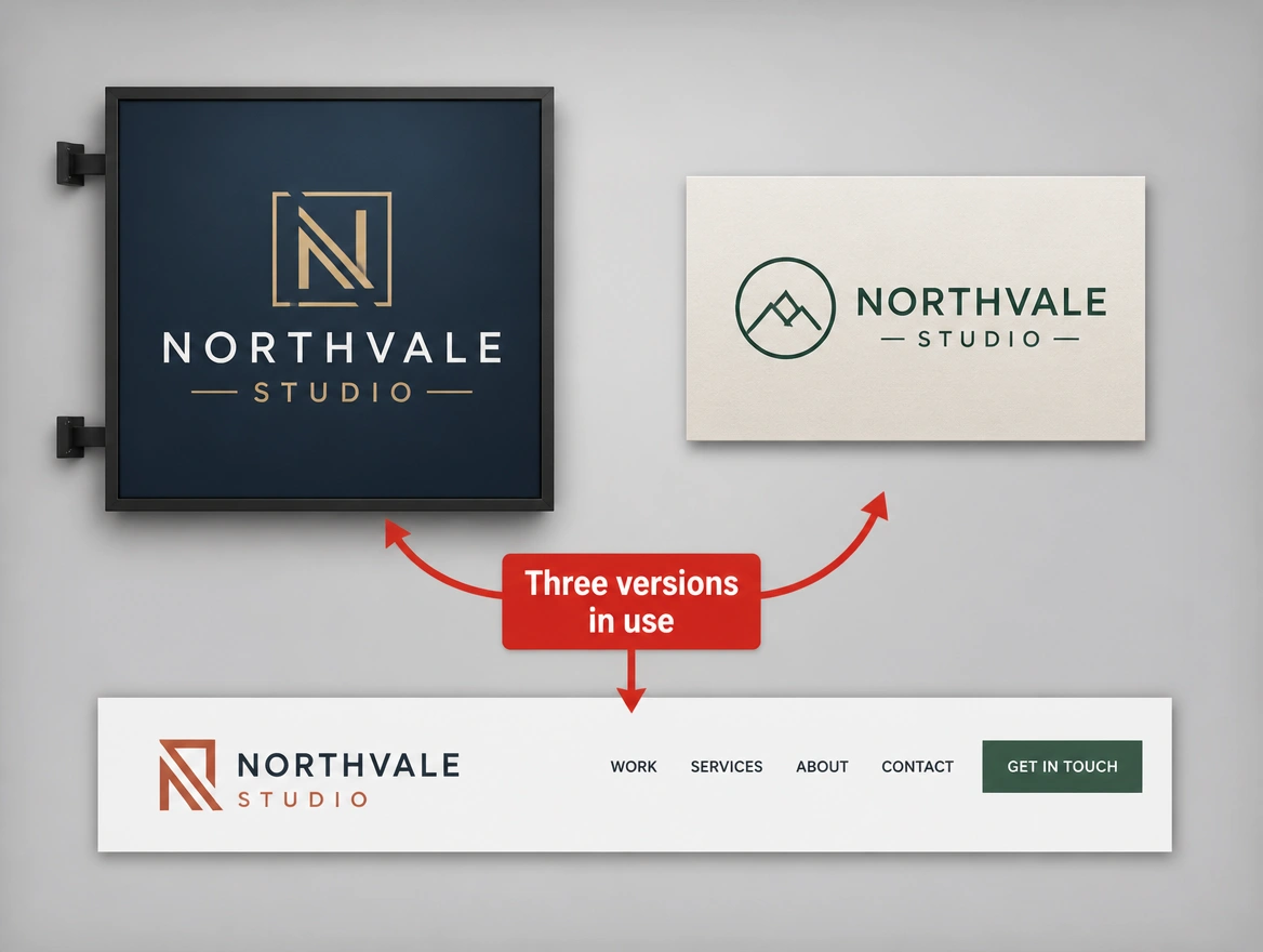 A website, a document and a profile from one business each using a different look, arrowed in red