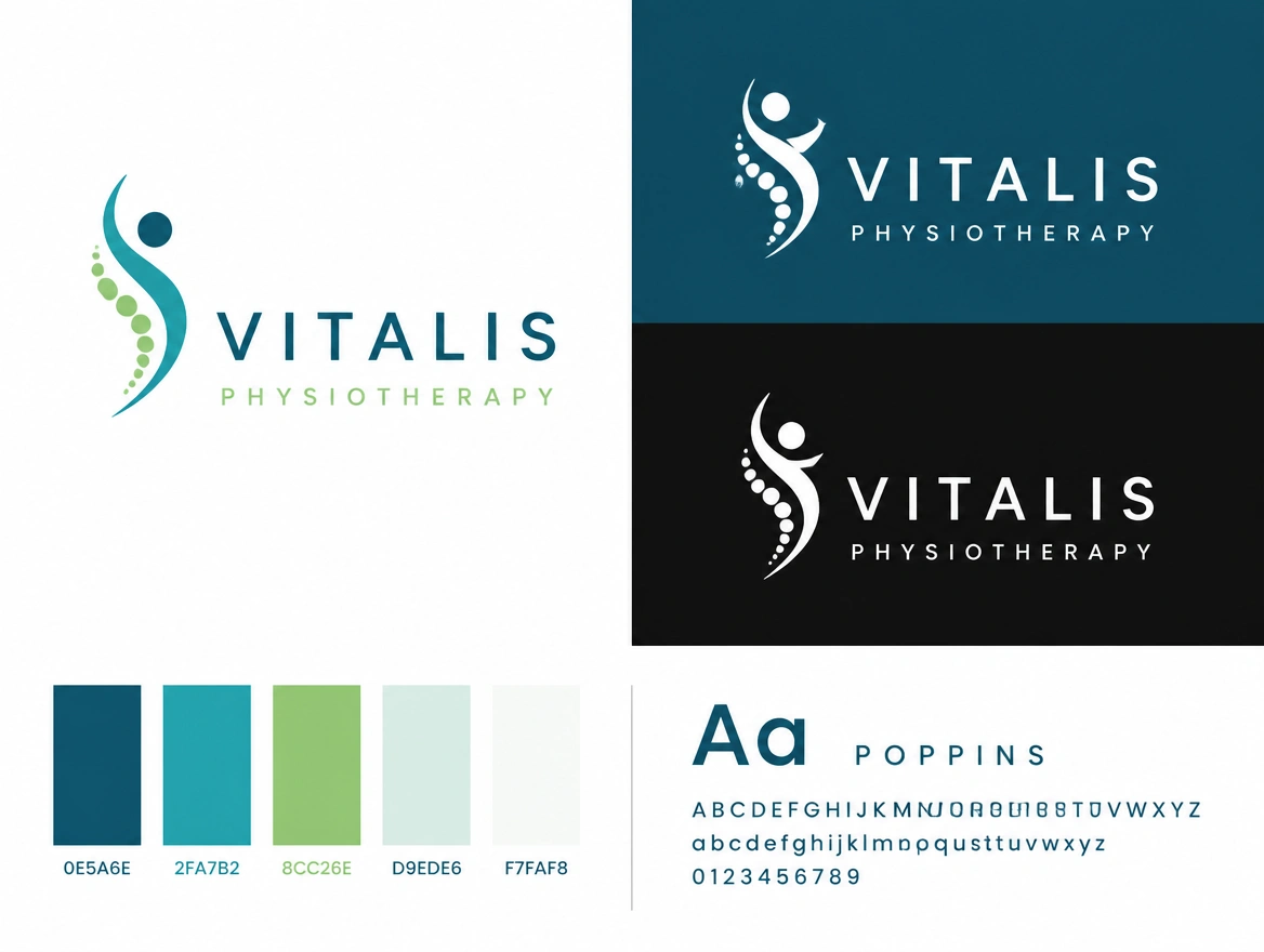 A logo presentation board for a physiotherapy clinic in colour, black and reversed white beside its palette