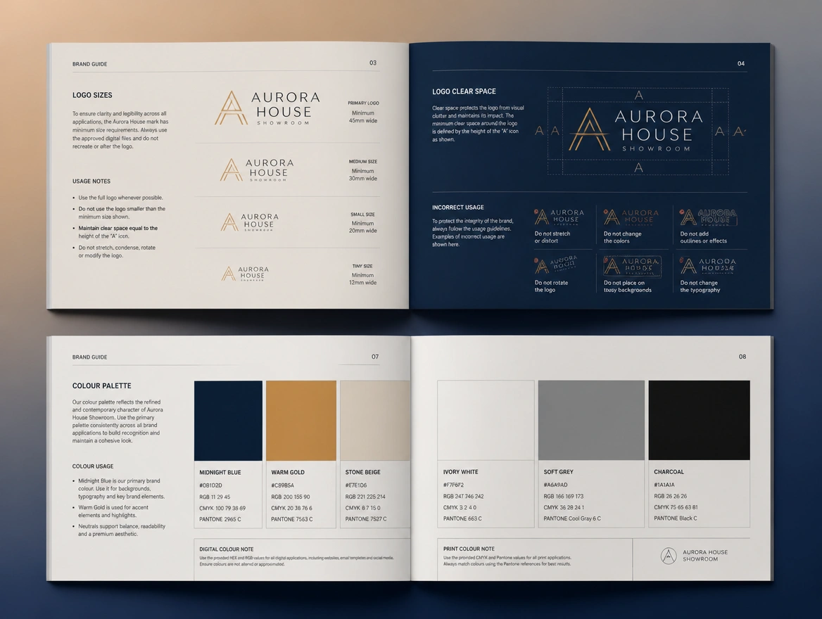 Two spreads of a brand guide showing logo sizes and named colour codes for a showroom