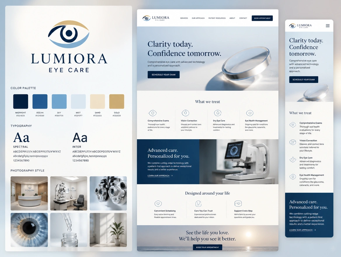An identity board for an eye clinic pairing the logo with swatches, two typefaces and photo style