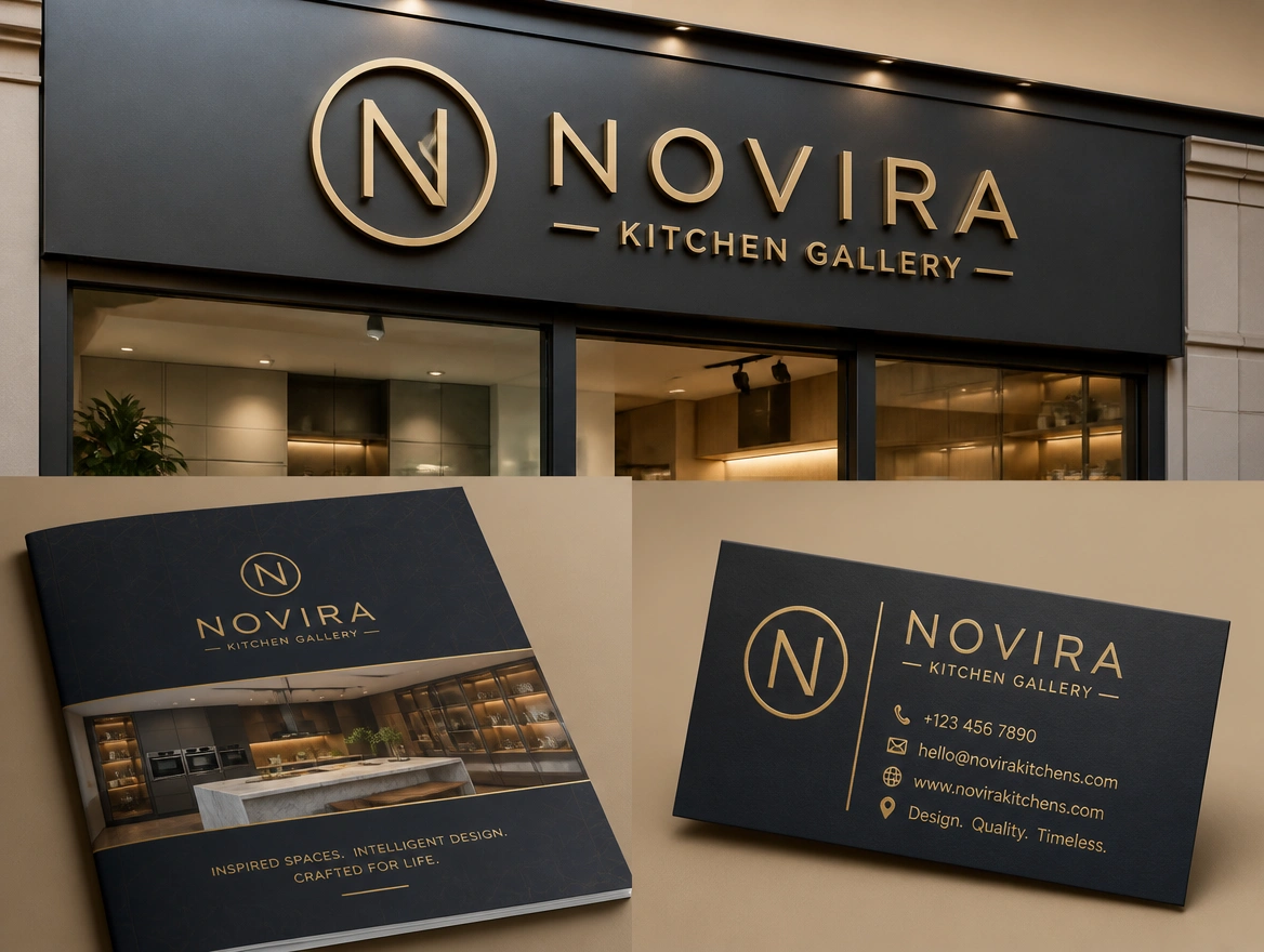 A kitchen showroom logo shown on a fascia sign, a brochure cover and a name card