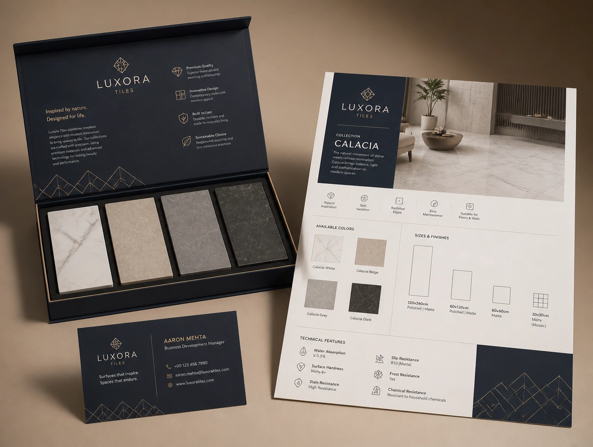 A sample box, a product sheet and a name card for one tile supplier laid out together