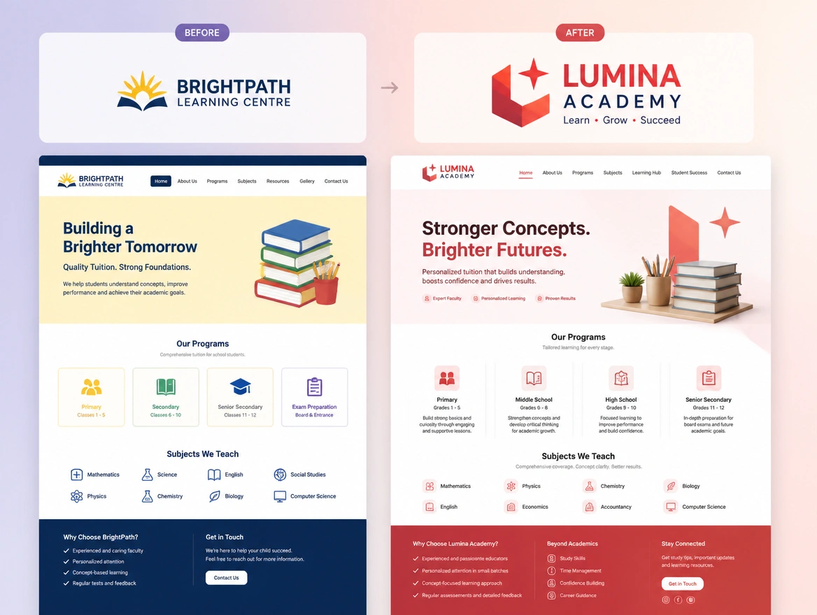 A before and after board for a tuition centre with the old logo beside the redrawn one