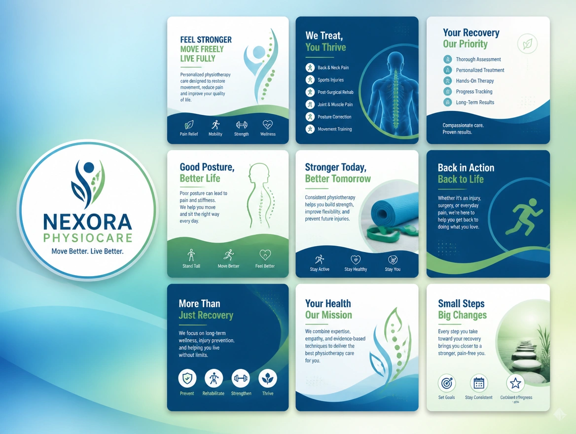 Nine social post templates in a grid beside a matching profile image for a physiotherapy clinic