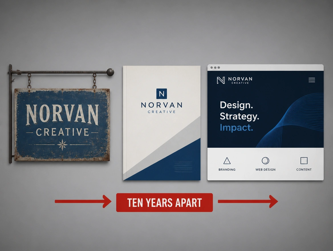 A website, a document and a profile from one business each using a different look, arrowed in red