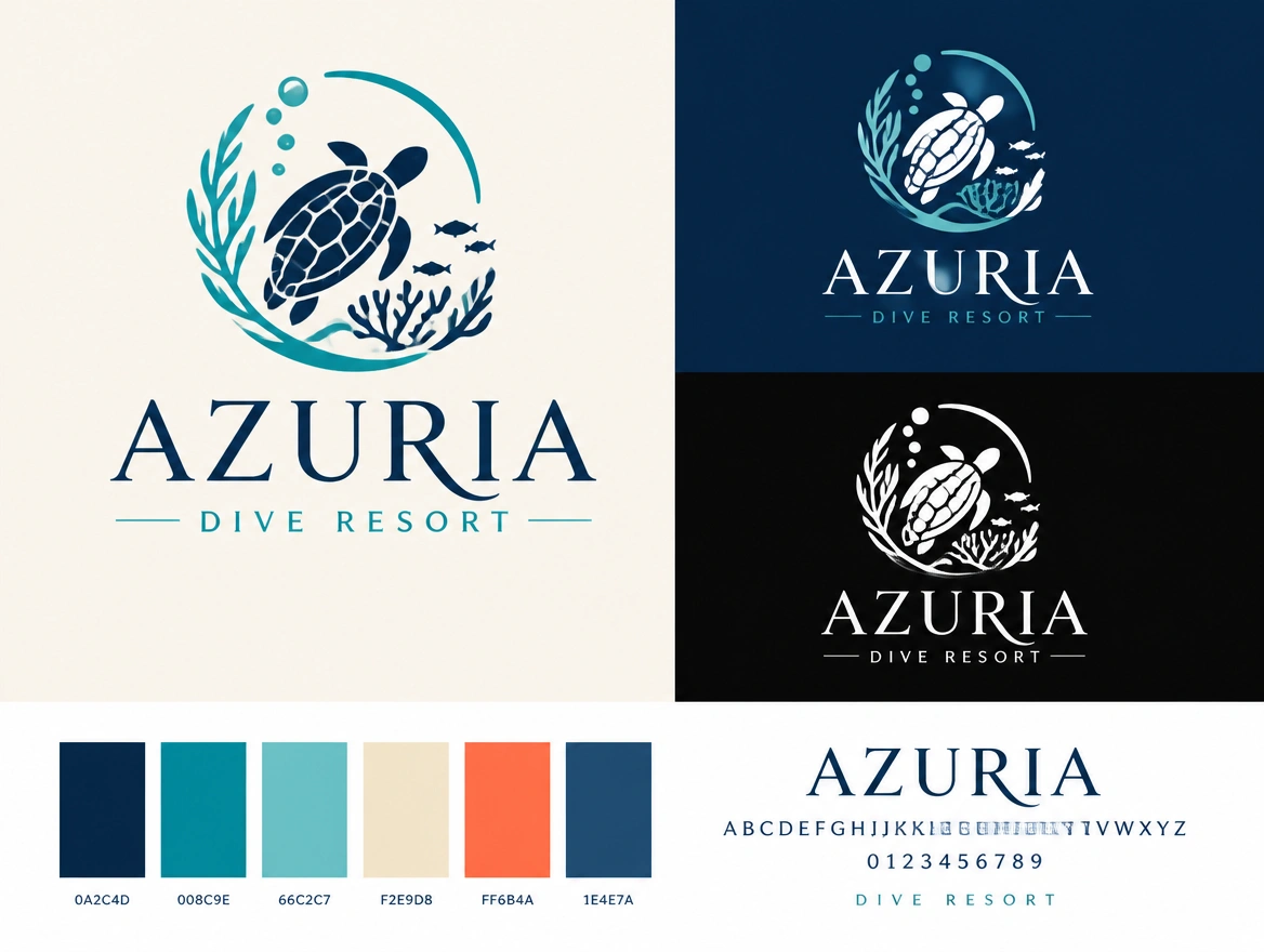 A logo presentation board for a dive resort in colour, black and reversed white beside its palette