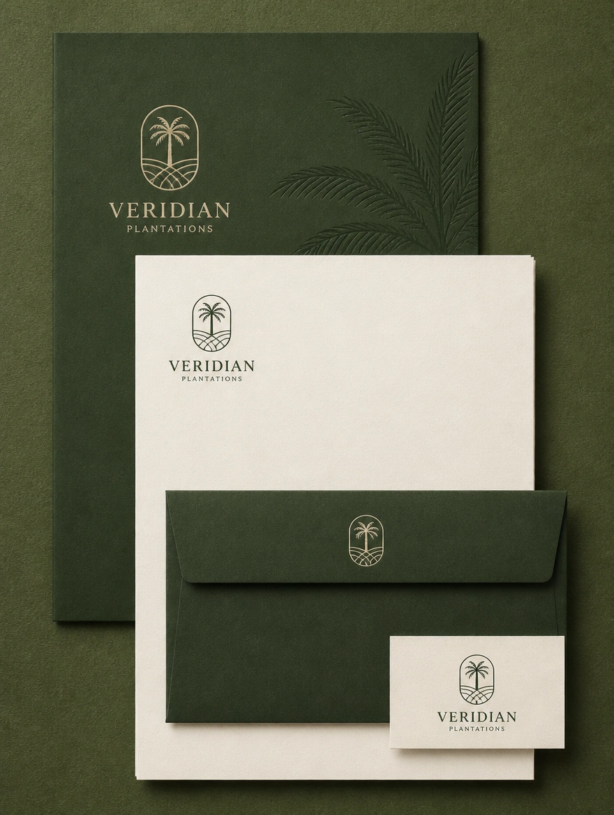 A tall stack of matching stationery for a plantation company, folder, letterhead, envelope and name card