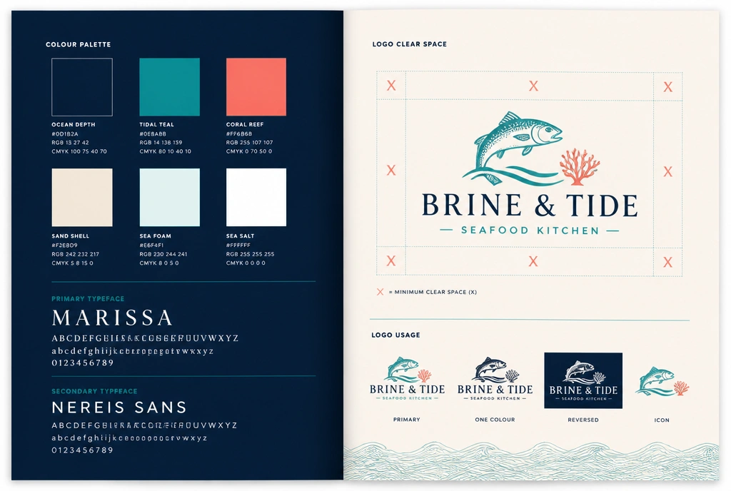 A brand guideline spread for a seafood restaurant showing colour codes, type and logo clear space