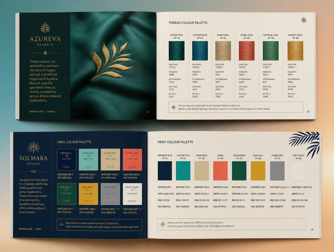 Two spreads of a brand guide showing thread, vinyl and print colour codes for a resort