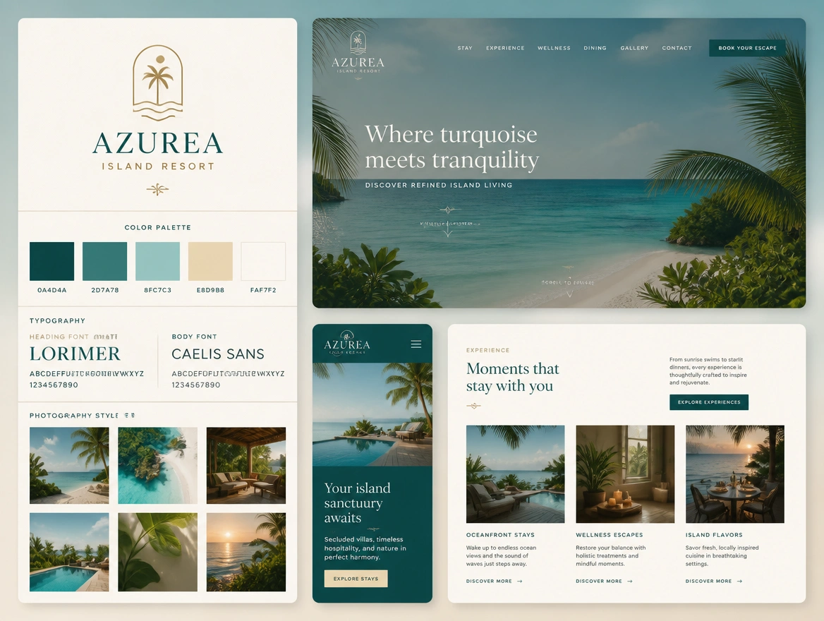 An identity board for an island resort pairing the logo with swatches, two typefaces and photo style