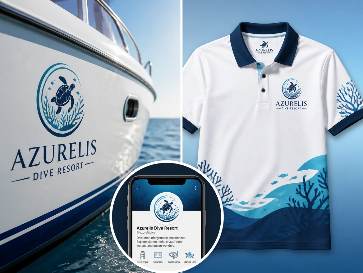 A dive resort logo shown on a boat side, a polo shirt and a round phone profile picture