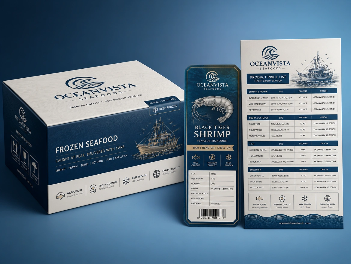 A seafood export carton, a product label and a price list for one Sabah brand laid out together