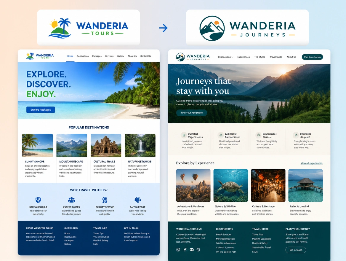 A before and after board for a tour operator with the old logo beside the redesigned one