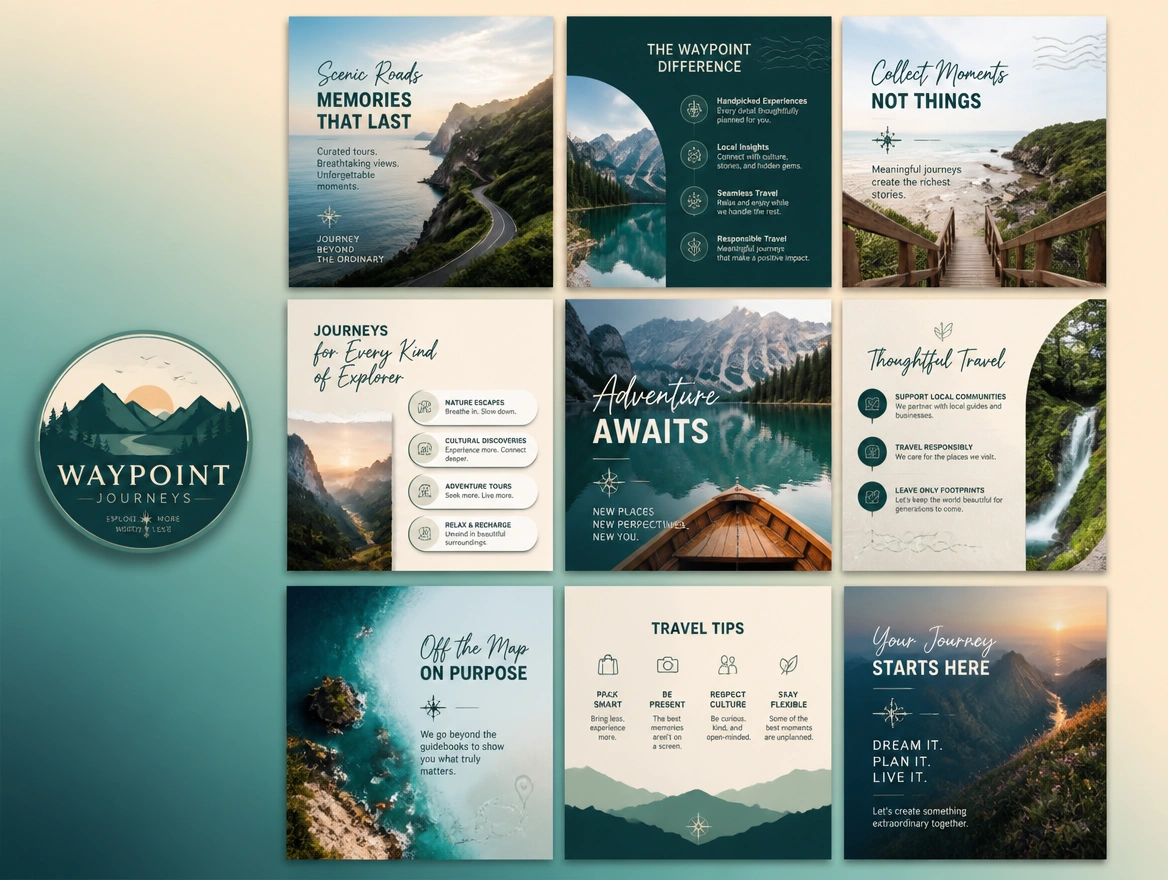 Nine social post templates in a grid beside a matching profile image for a tour company
