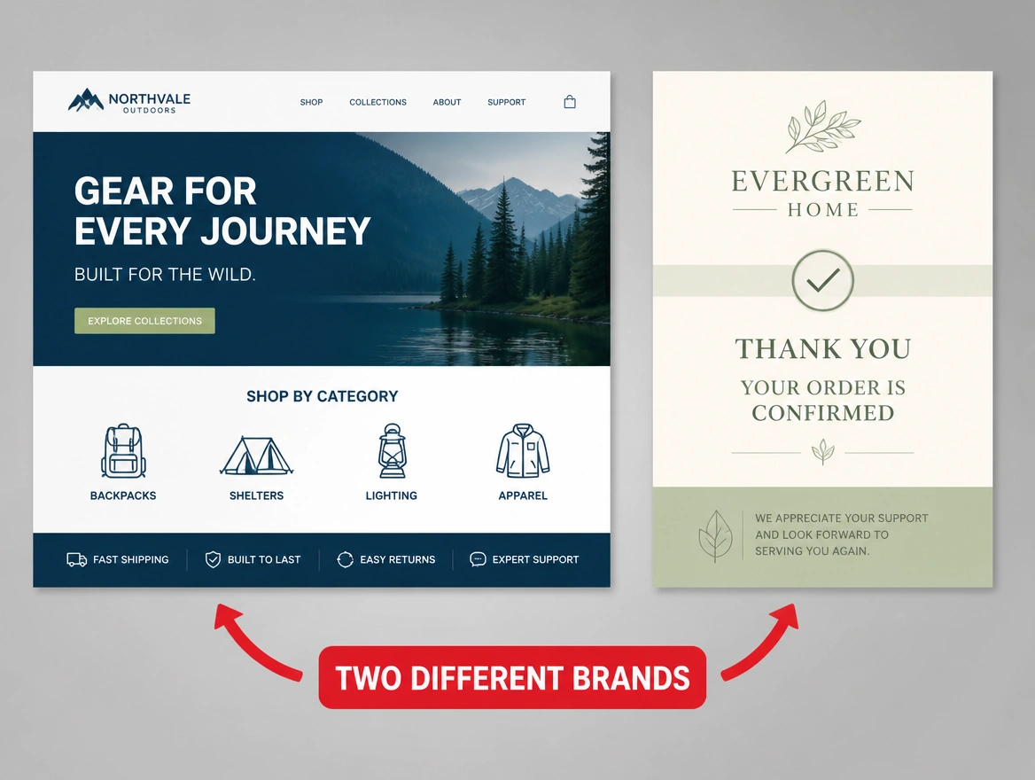 A website, a document and a profile from one business each using a different look, arrowed in red
