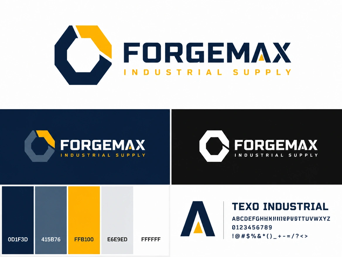 A logo presentation board for an industrial supplier in colour, black and reversed white beside its palette