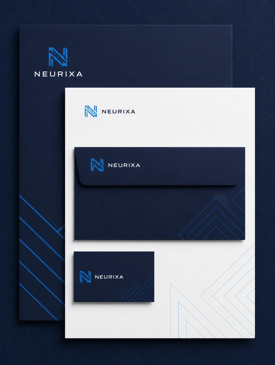 A tall stack of matching stationery for a technology firm, folder, letterhead, envelope and name card