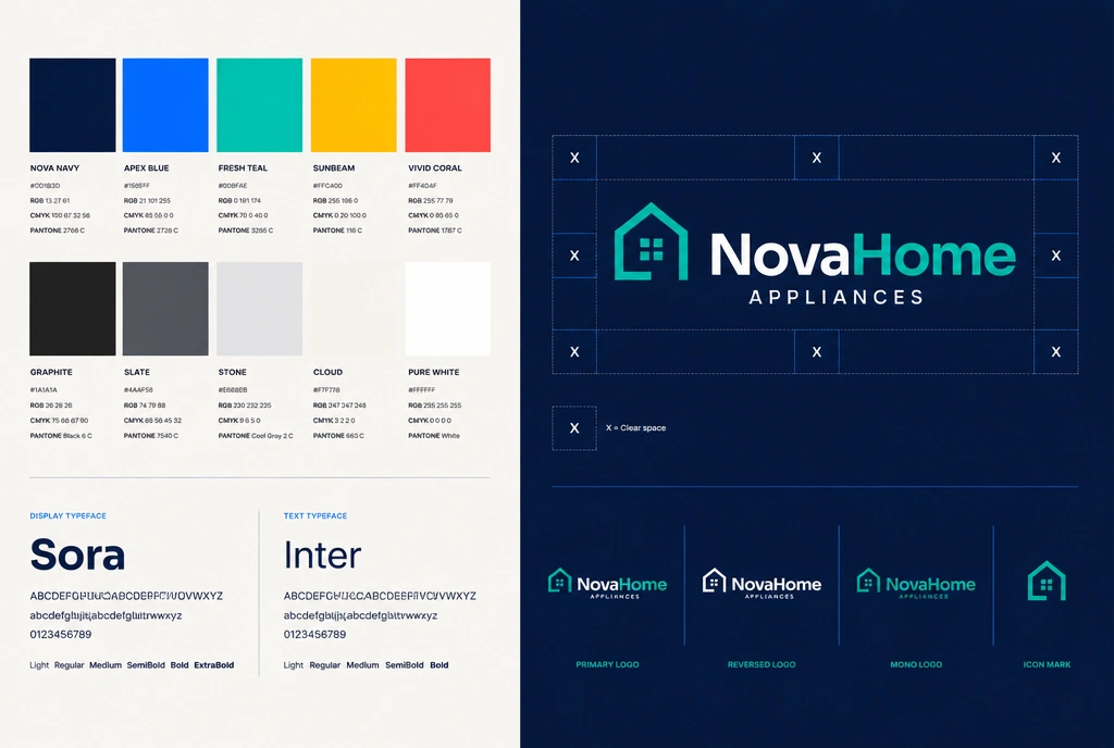 A brand guideline spread for a home appliance chain showing colour codes, type and clear space