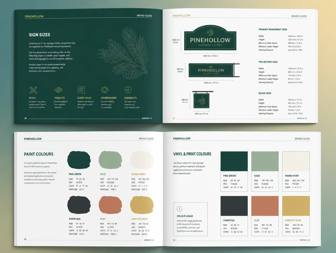 Two spreads of a brand guide showing sign sizes and paint, vinyl and print colour codes