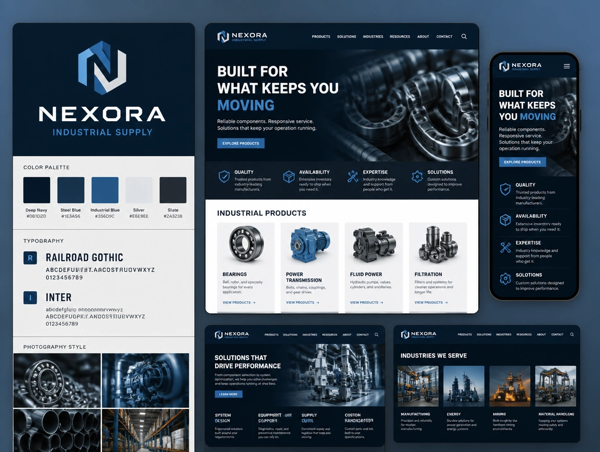 An identity board for an industrial supplier pairing the logo with swatches, two typefaces and photo style