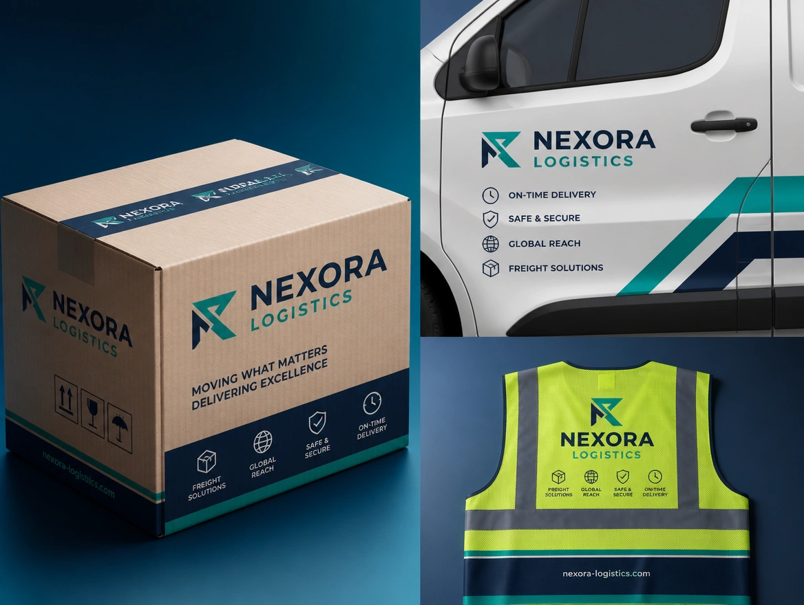 A logistics company logo shown on a shipping carton, a van door and a hi-vis vest